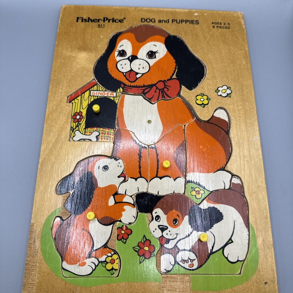 Vintage Fisher Price Wooden Peg Dog and Puppies Puzzle #511 Puppy Dogs Wood